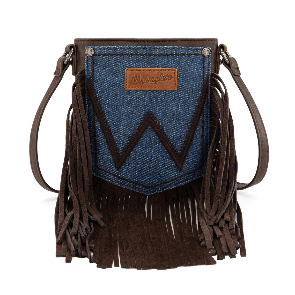 WG367-8360 Wrangler Leather Fringe Jean Denim Pocket Crossbody - Coffee