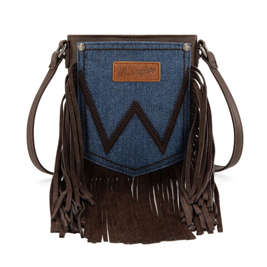 WG367-8360 Wrangler Leather Fringe Jean Denim Pocket Crossbody - Coffee