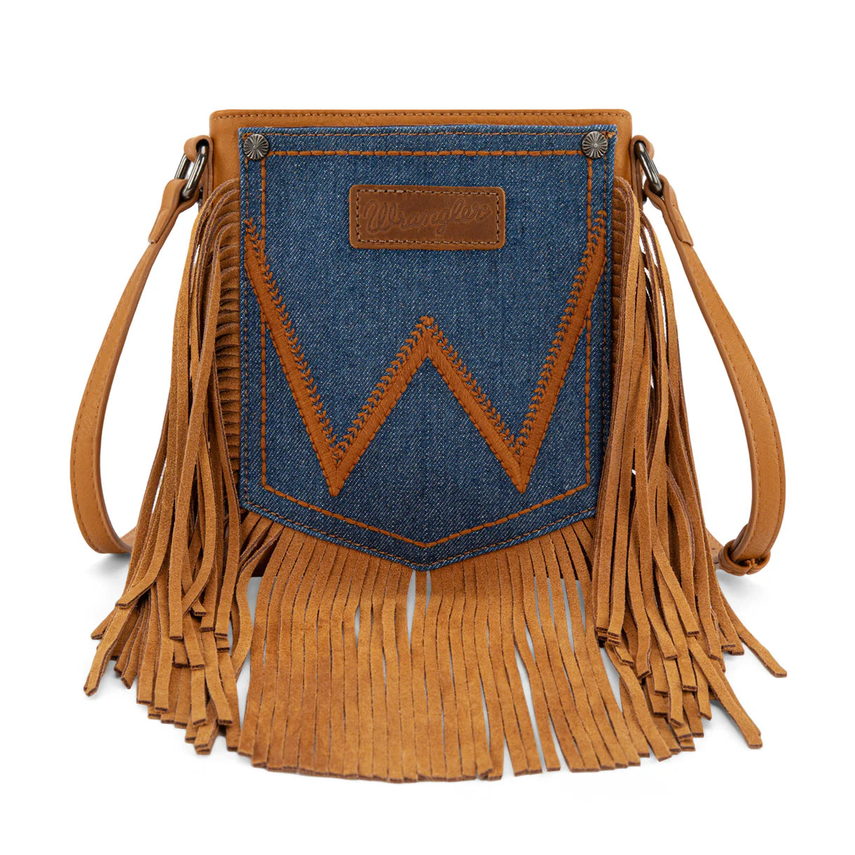 WG367-8360 Wrangler Leather Fringe Jean Denim Pocket Crossbody - Light Brown