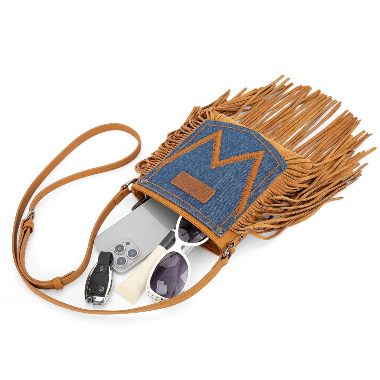 WG367-8360 Wrangler Leather Fringe Jean Denim Pocket Crossbody - Light Brown