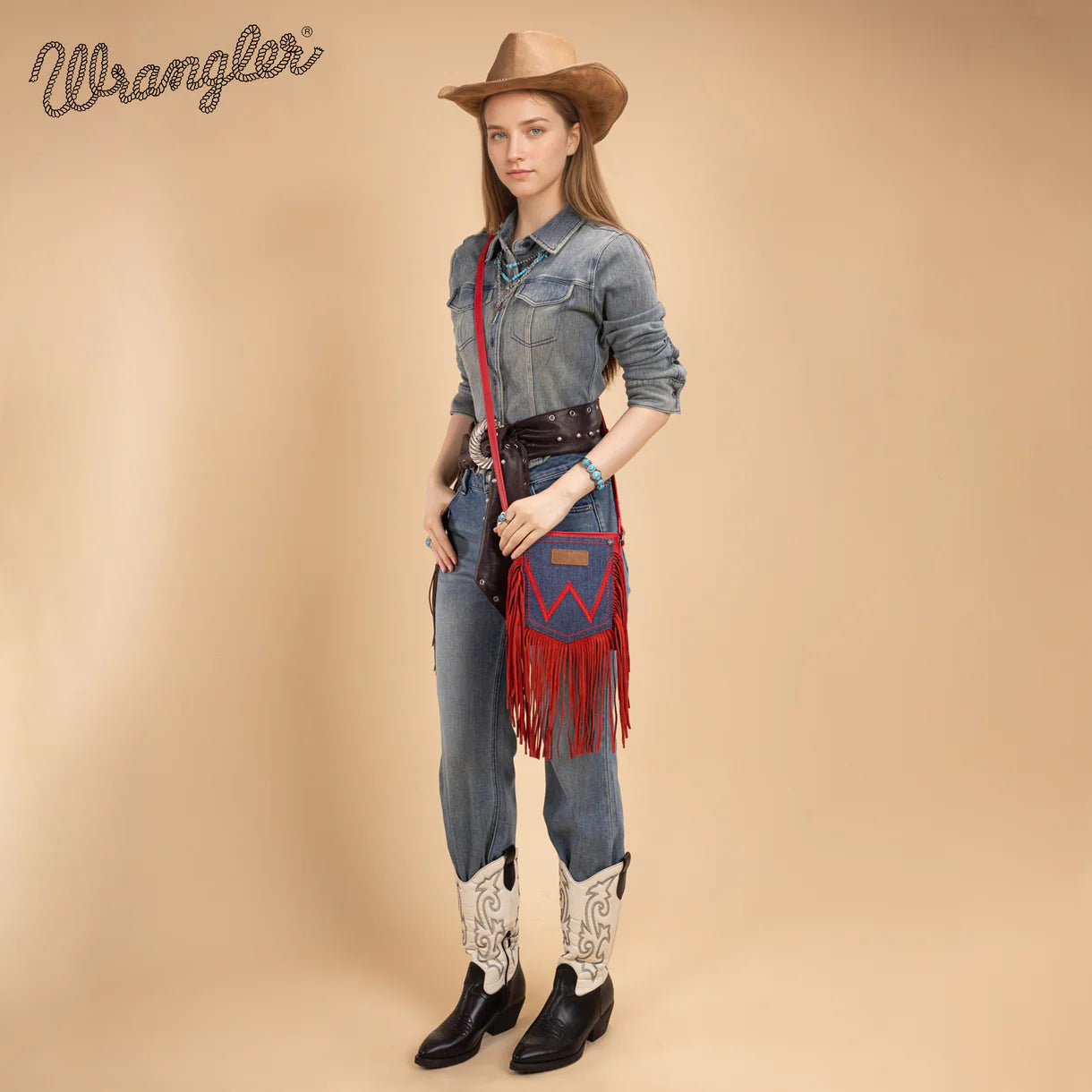 WG367-8360 Wrangler Leather Fringe Jean Denim Pocket Crossbody - Red