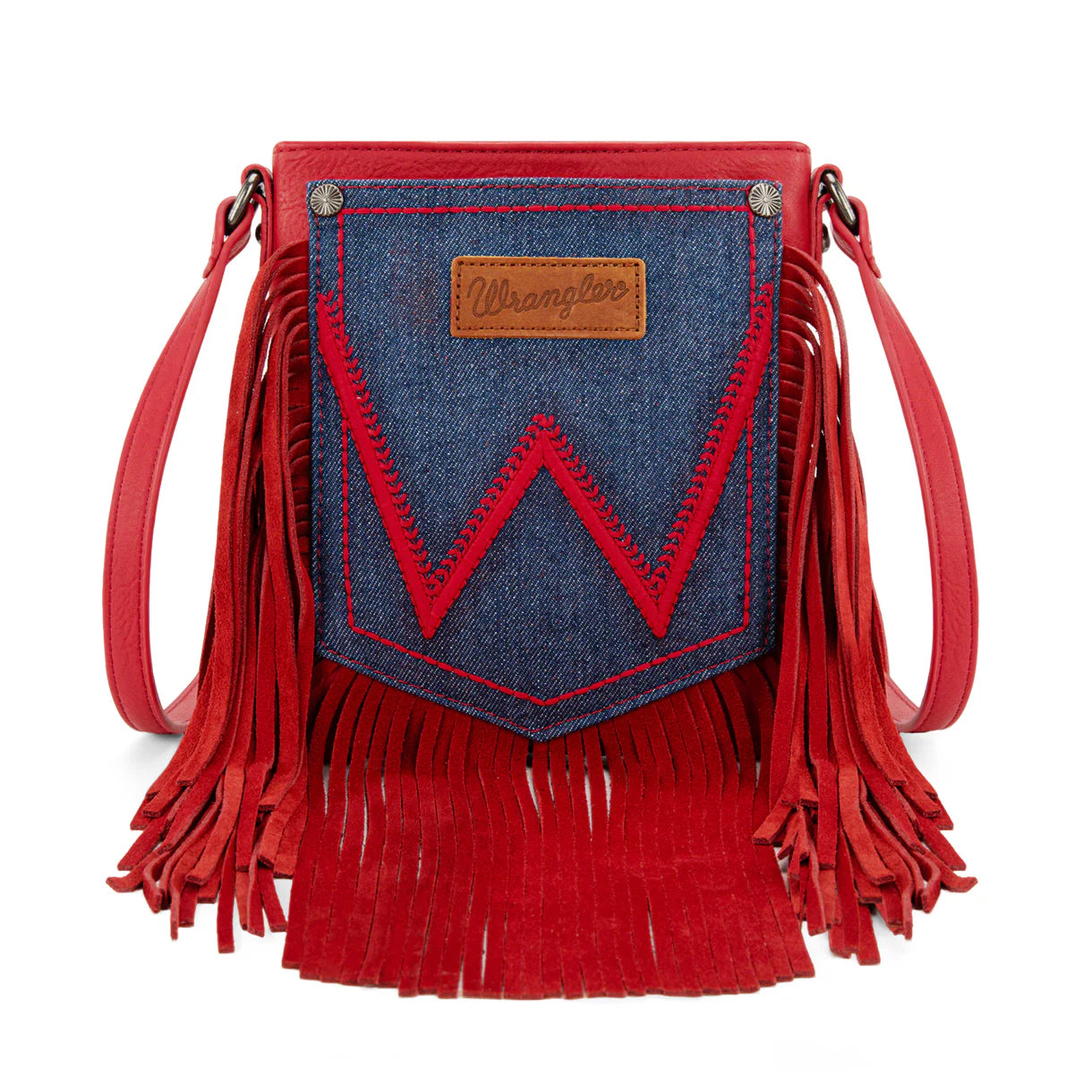 WG367-8360 Wrangler Leather Fringe Jean Denim Pocket Crossbody - Red