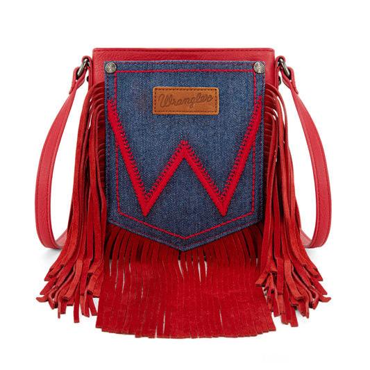 WG367-8360 Wrangler Leather Fringe Jean Denim Pocket Crossbody - Red
