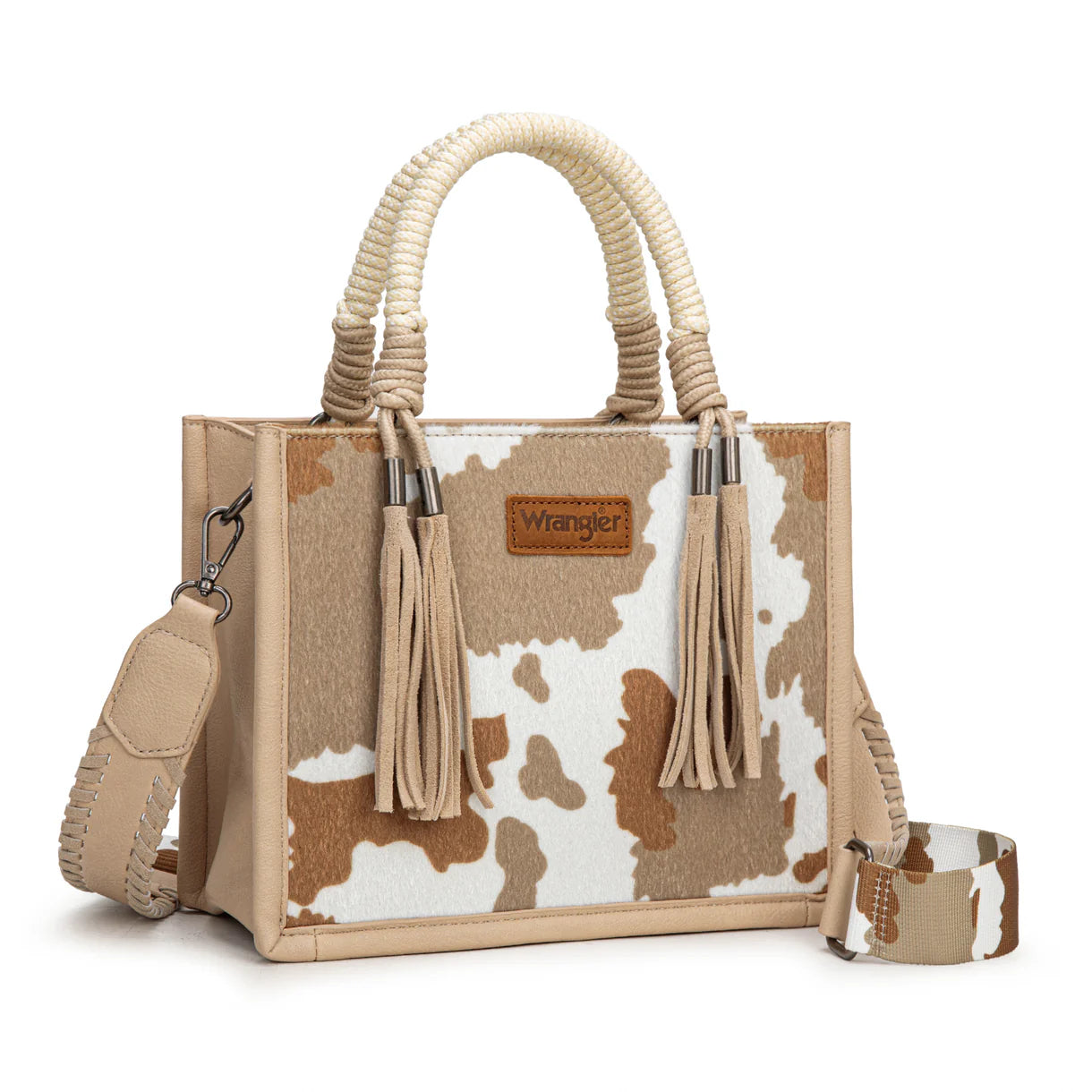 WG386-8120S Wrangler Cow Print Tote/Crossbody -Tan