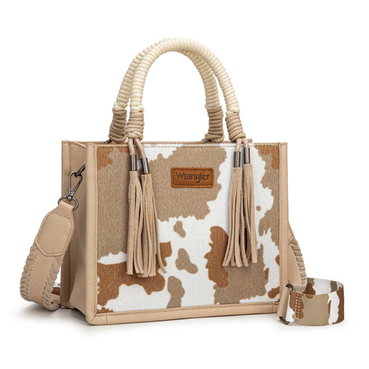 WG386-8120S Wrangler Cow Print Tote/Crossbody -Tan