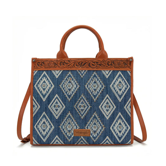 Wrangler Aztec Studded Denim Tote & Crossbody Bag - Jean