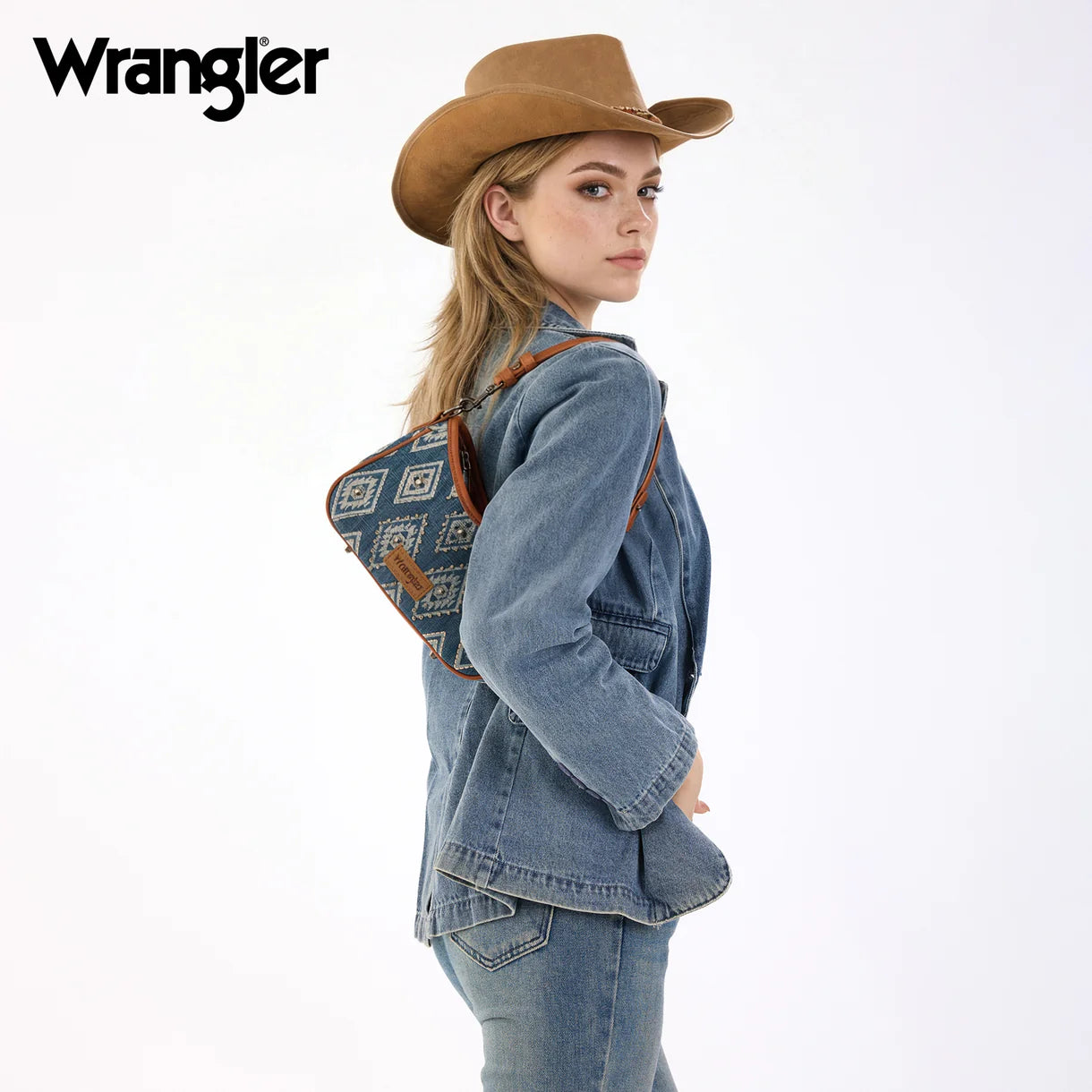 Wrangler Aztec Studded Denim Shoulder Bag with Mini Pouch - Jean