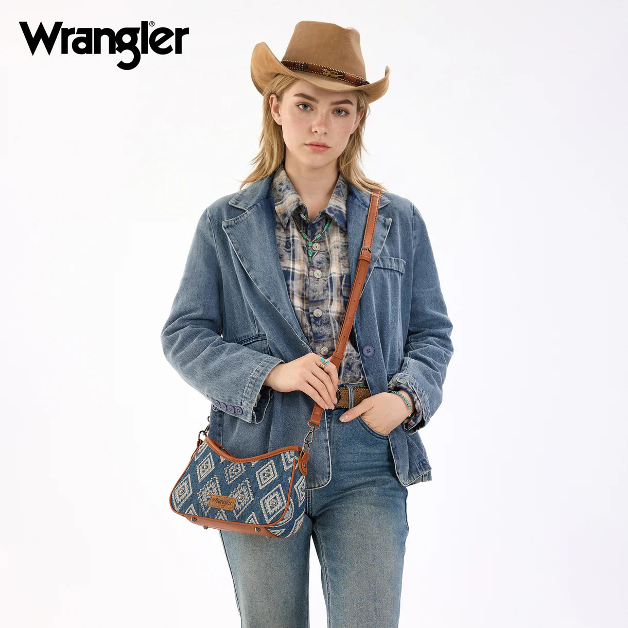 Wrangler Aztec Studded Denim Shoulder Bag with Mini Pouch - Jean
