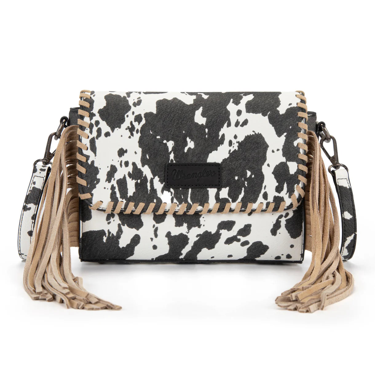 Wrangler Cow Print Fringe Crossbody Bag - Black