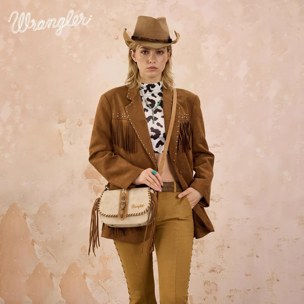 Wrangler Braided Tassel Saddle Crossbody Bag - Tan