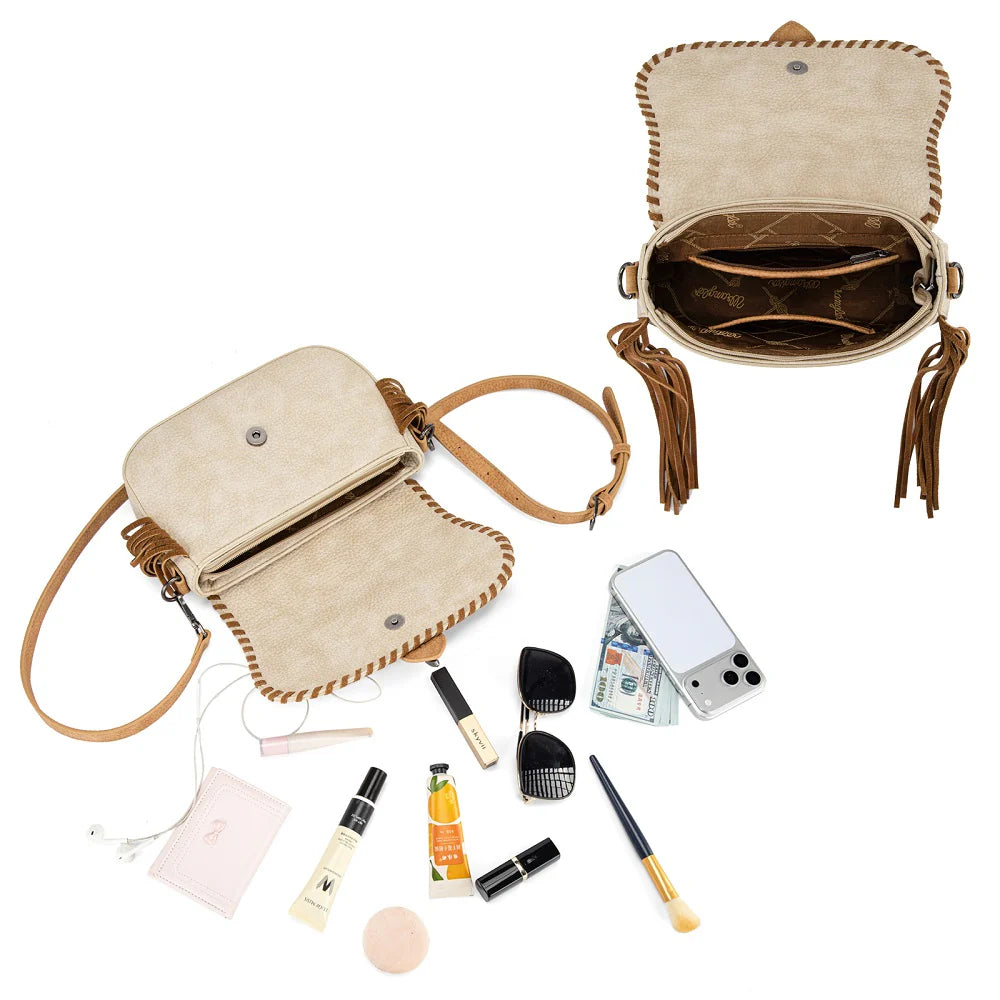 Wrangler Braided Tassel Saddle Crossbody Bag - Tan