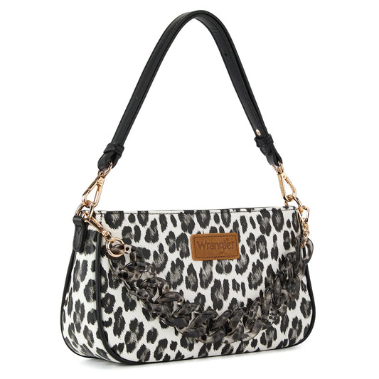 WG474-8633 Wrangler Western Leopard Print Shoulder Bag with Chain Detail - Black