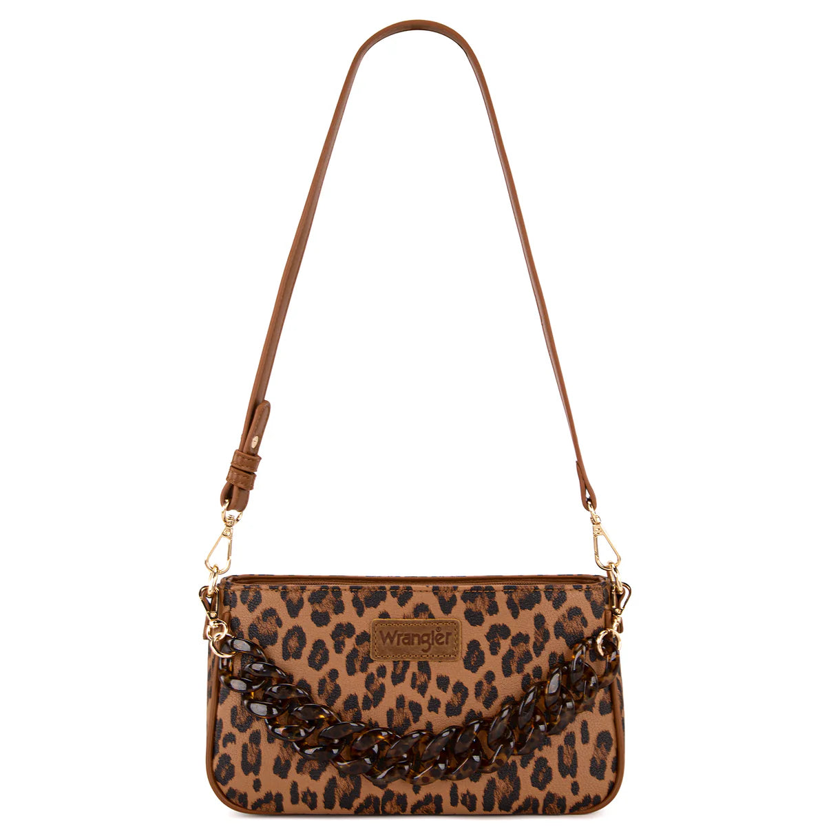 Wrangler Western Leopard Print Shoulder Bag with Chain Detail - Brown