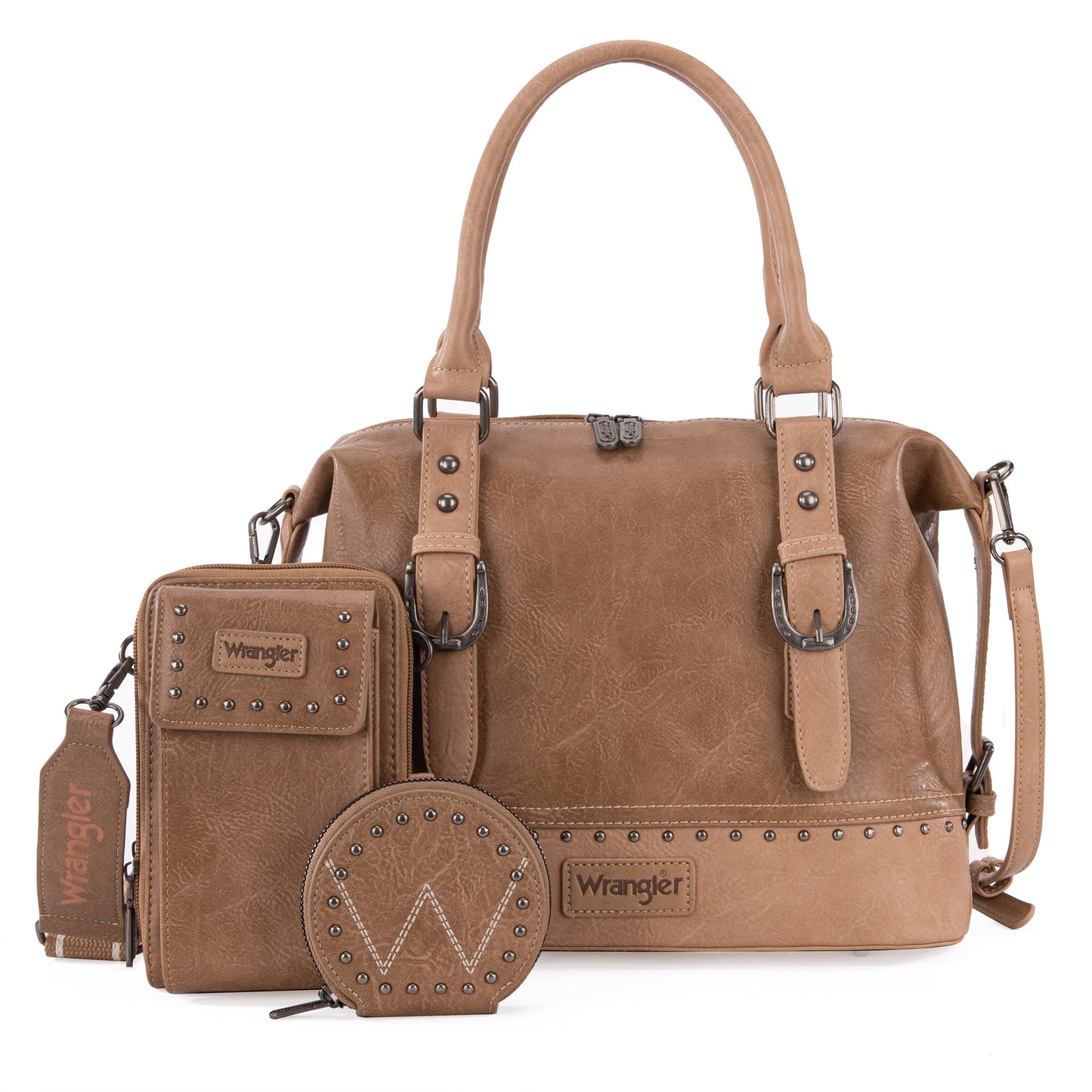 Wrangler 3Pcs Set Buckle Classic Barrel Satchel With Phone Wallet Crossbody -Khaki