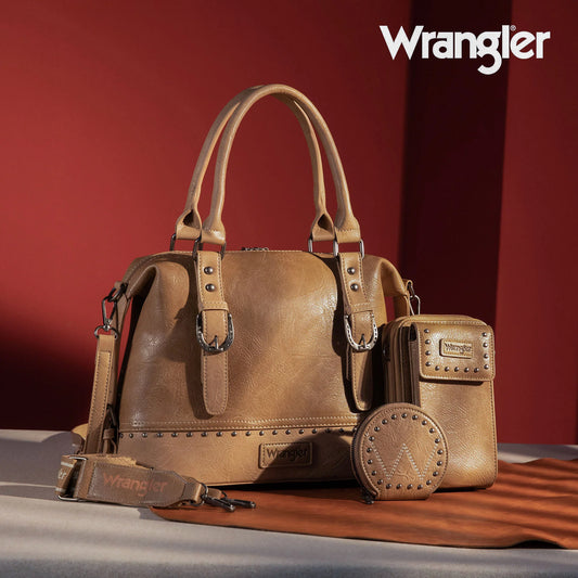 Wrangler 3Pcs Set Buckle Classic Barrel Satchel With Phone Wallet Crossbody -Khaki