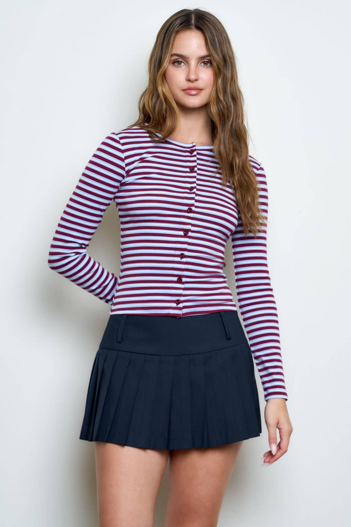 BUTTON DOWN CREW NECK STRIPED LONG SLEEVE KNIT TOP