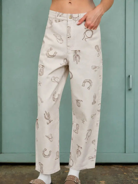 Western Motif Straight Leg Jeans
