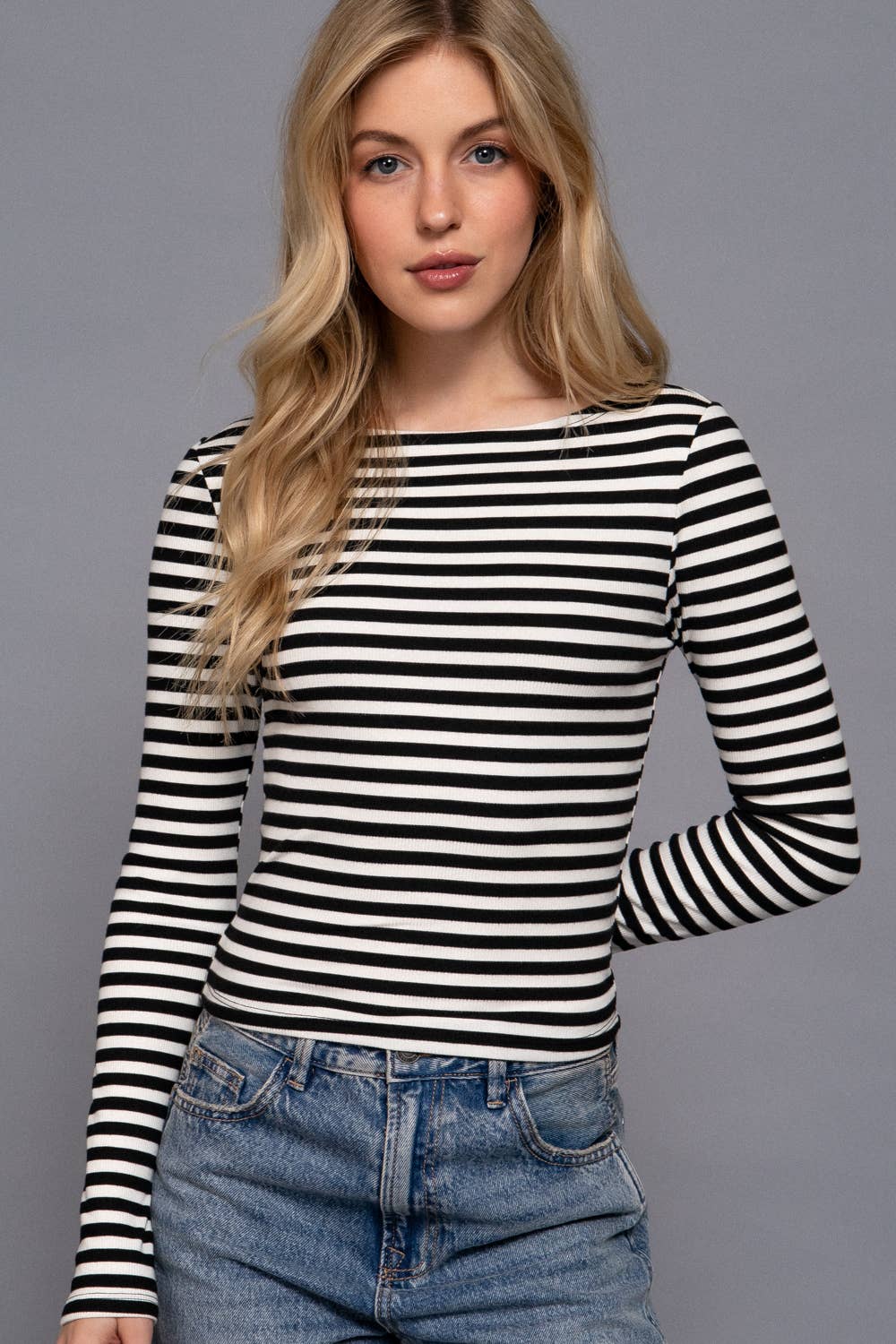 Long Sleeve Boat Neck Stripe Brushed Rib Top