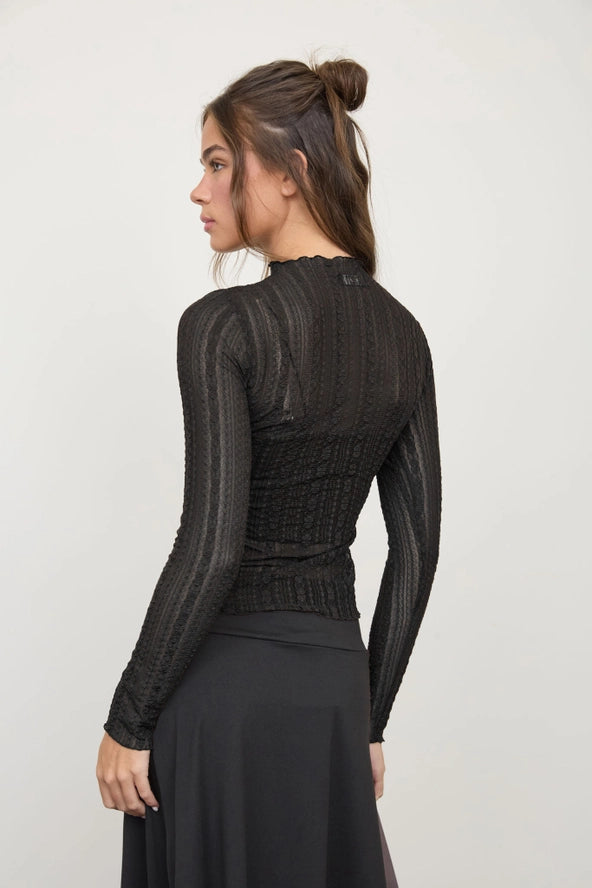 Stripe Lace Sheer Pattern Long Sleeve Knit Top