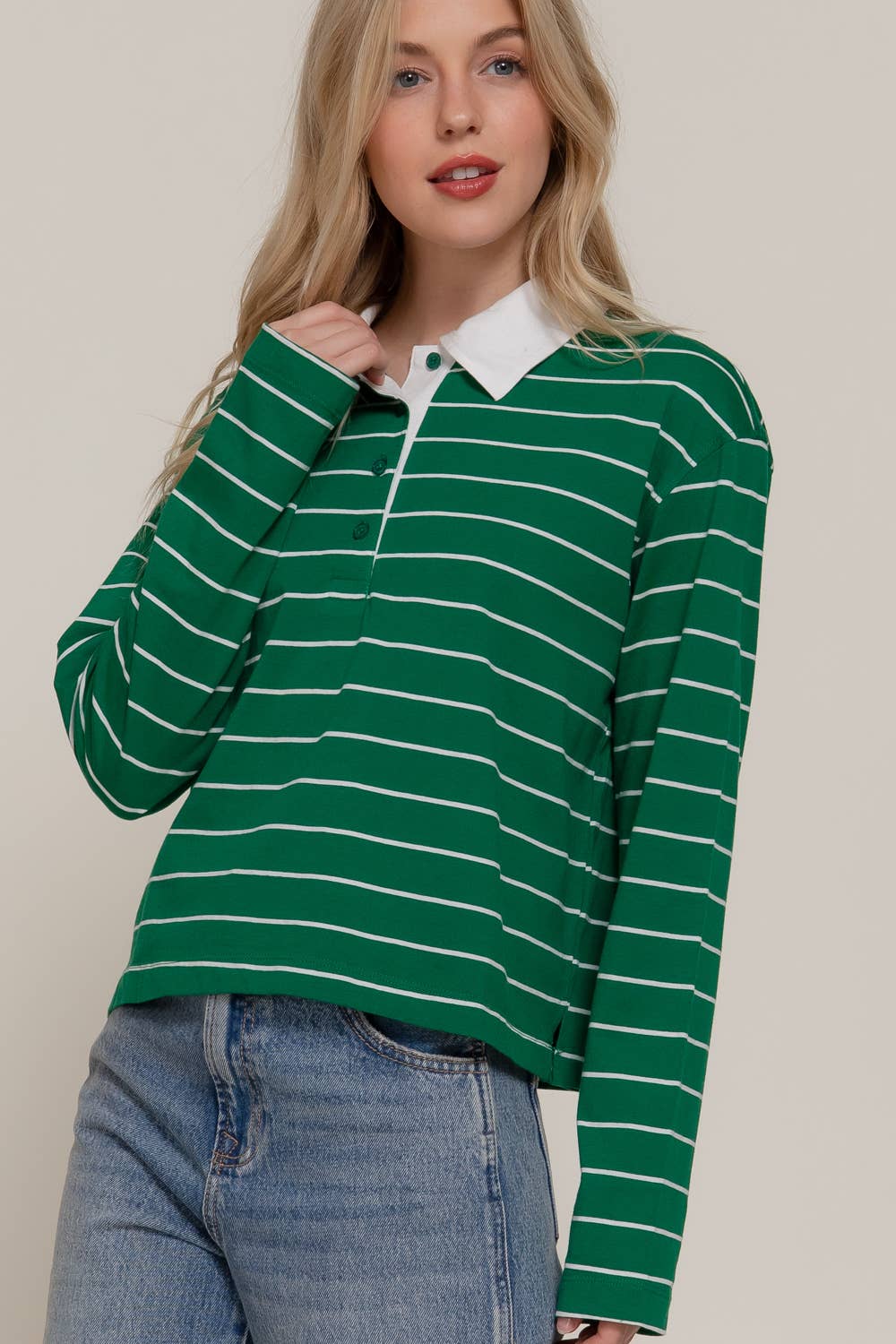 Long Sleeve Y/D Stripe Cotton Polo Shirt