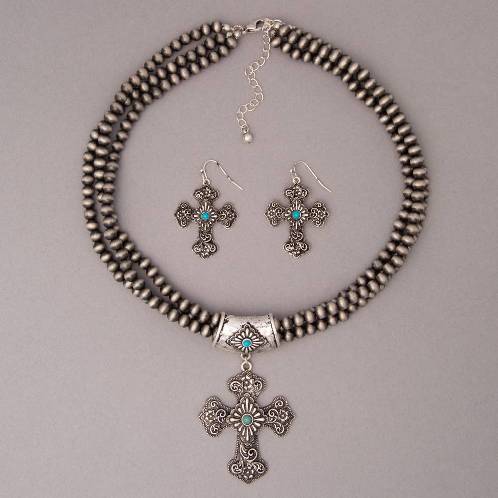 Multistrand Embellished Cross Pendant Ball Bead Necklace Set