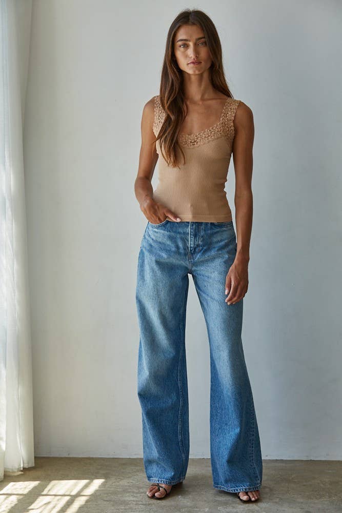 S1217N | Knit Seamless Ribbed Tank Top with Lace Trim