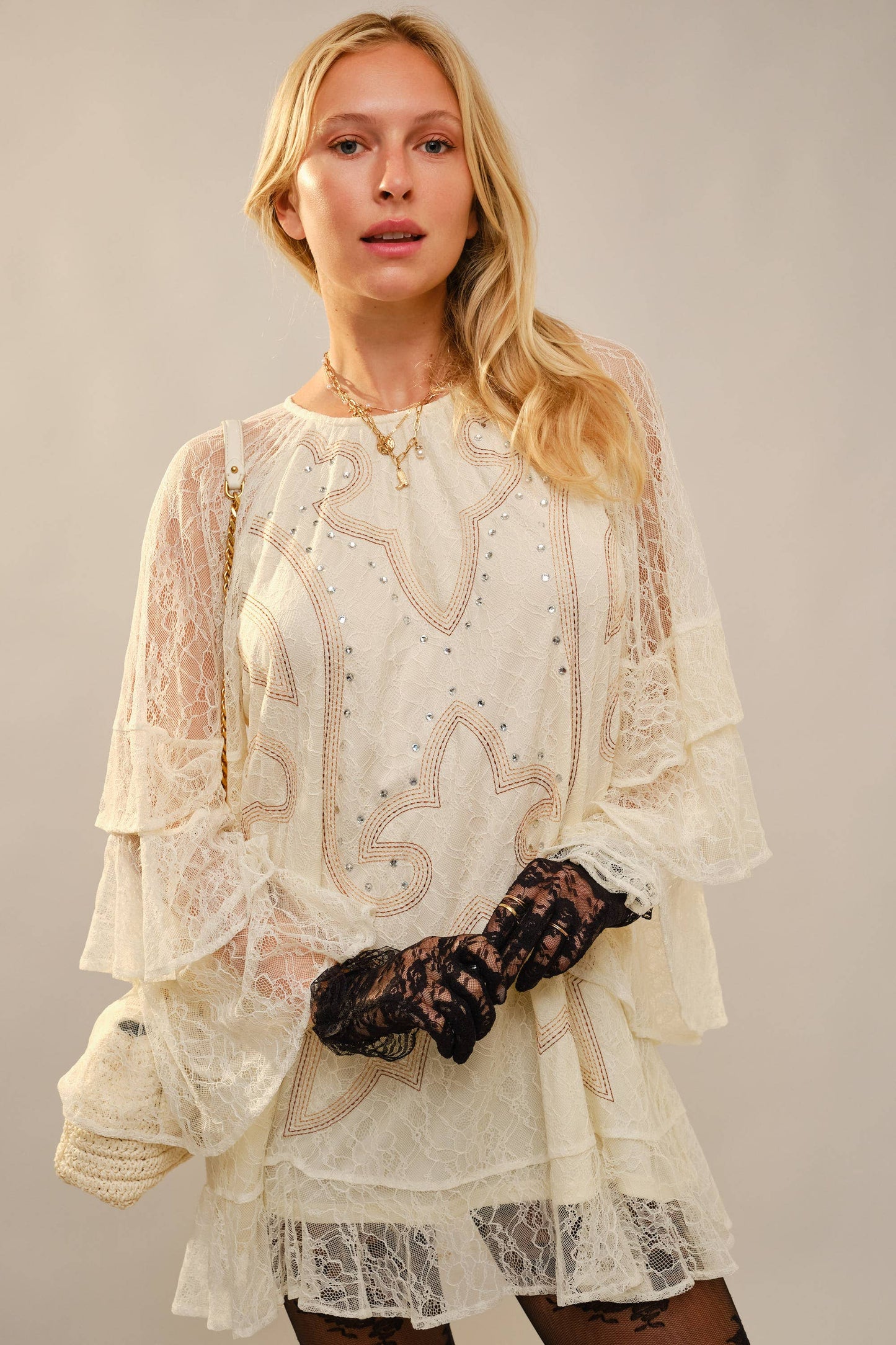 23729D 	Round Neck Western Embroidery Ruffle Sleeve Dress
