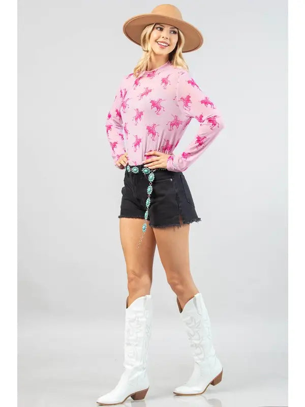 LIAM Bucking Horse Print Semi Sheer Mesh Top-Liam