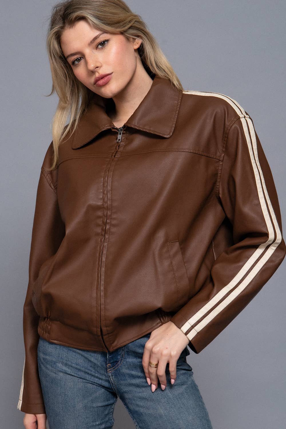 Long Sleeve Line Detail Faux Leather Jacket