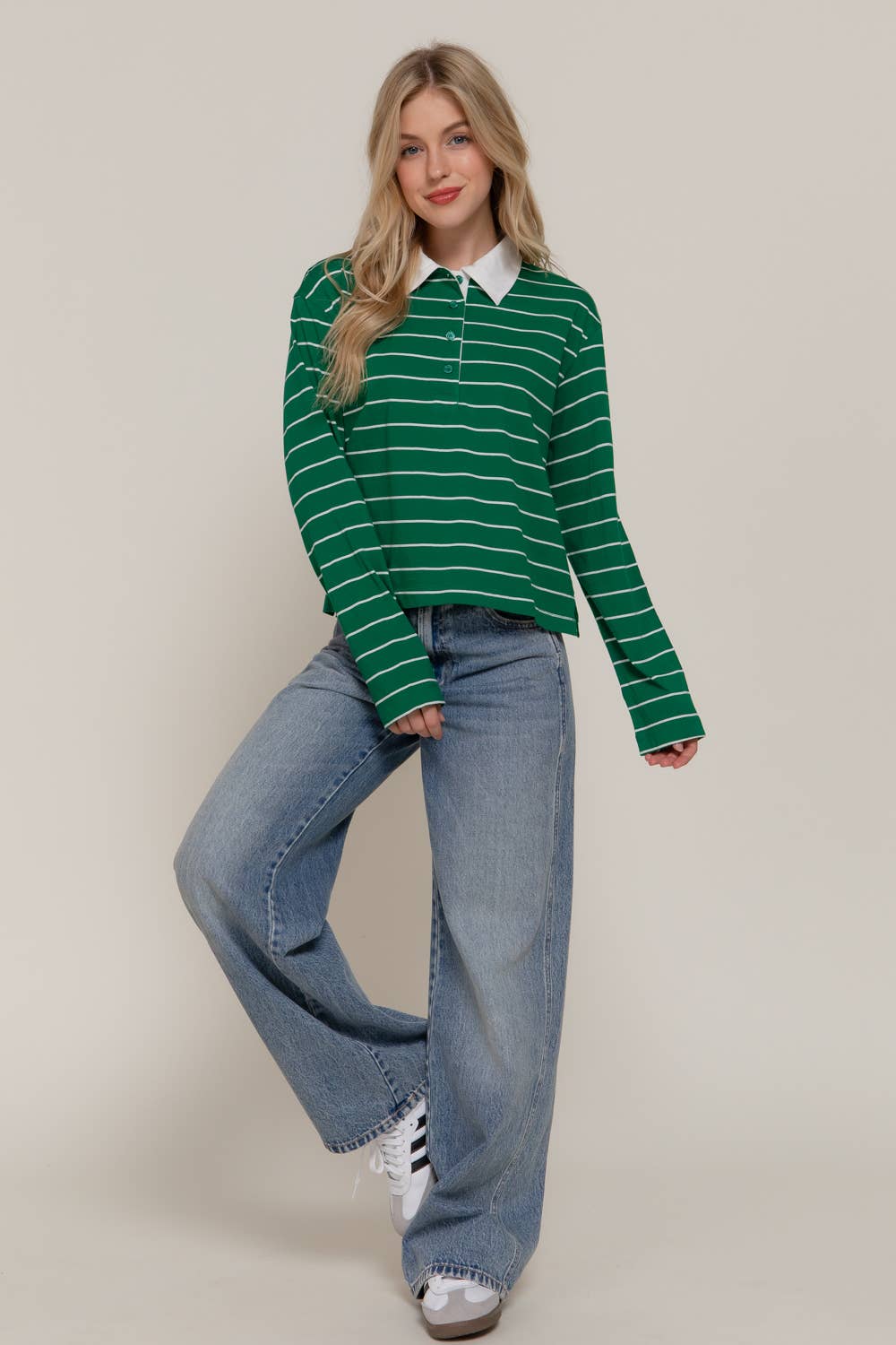 Long Sleeve Y/D Stripe Cotton Polo Shirt