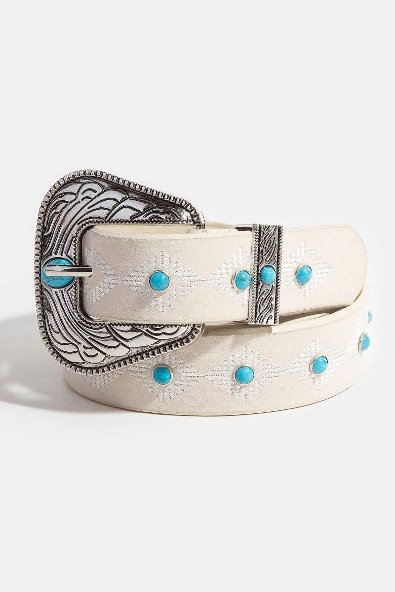 Turquoise Studs Western Concho Buckle Faux Leather Belt