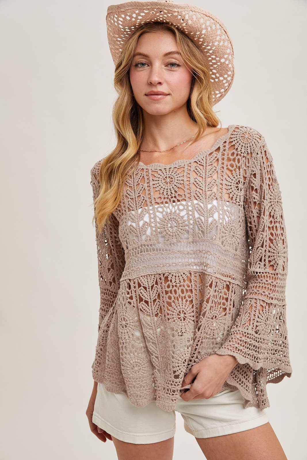 CROCHET SHEER BELL-SLEEVE PULLOVER TOP