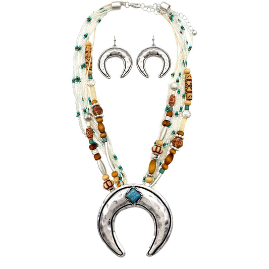 White Turquoise Navajo Bead Crescent Pendant Necklace