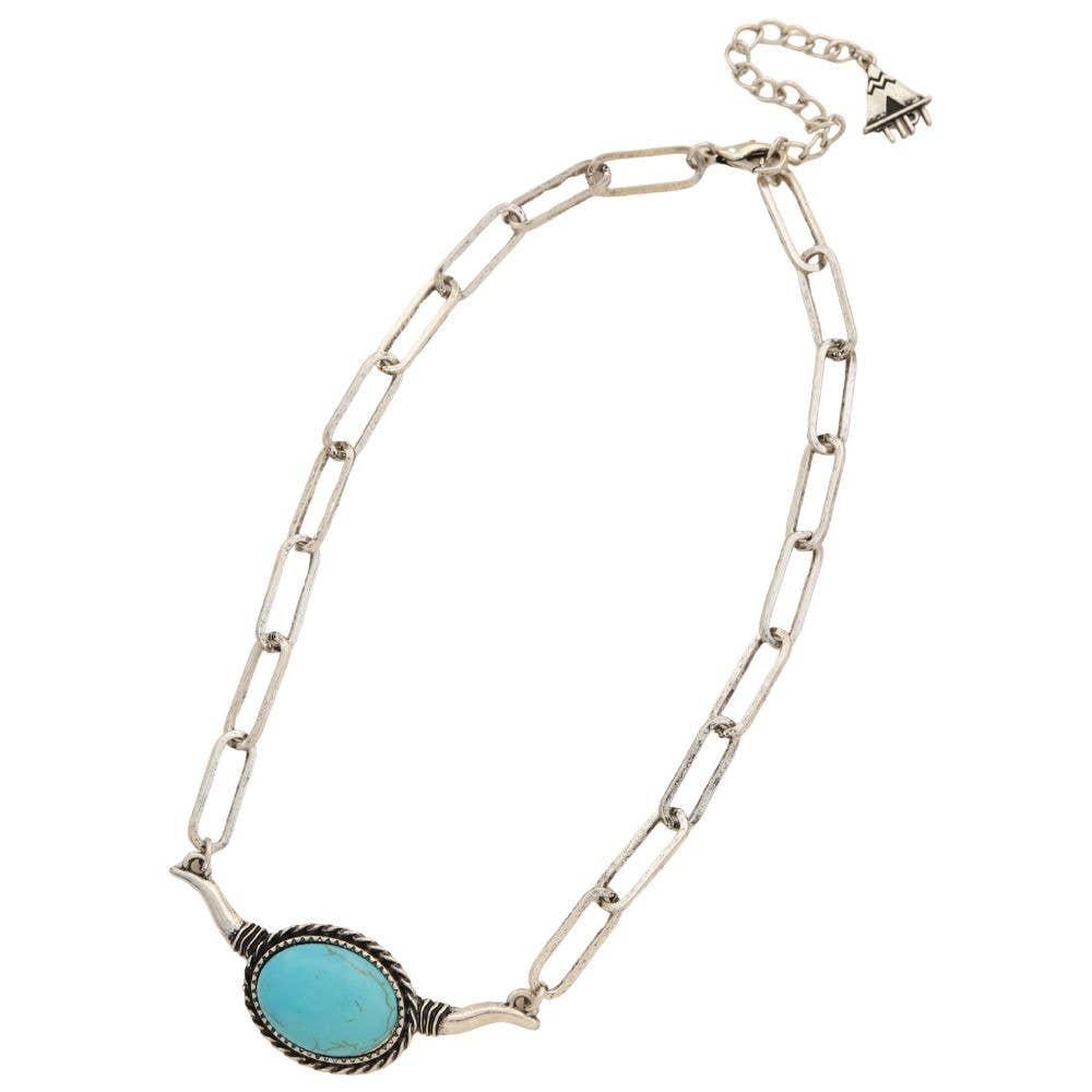 WESTERN TURQUOISE BEAD CATTLE HORN PENDANT NECKLAC, SN 0561