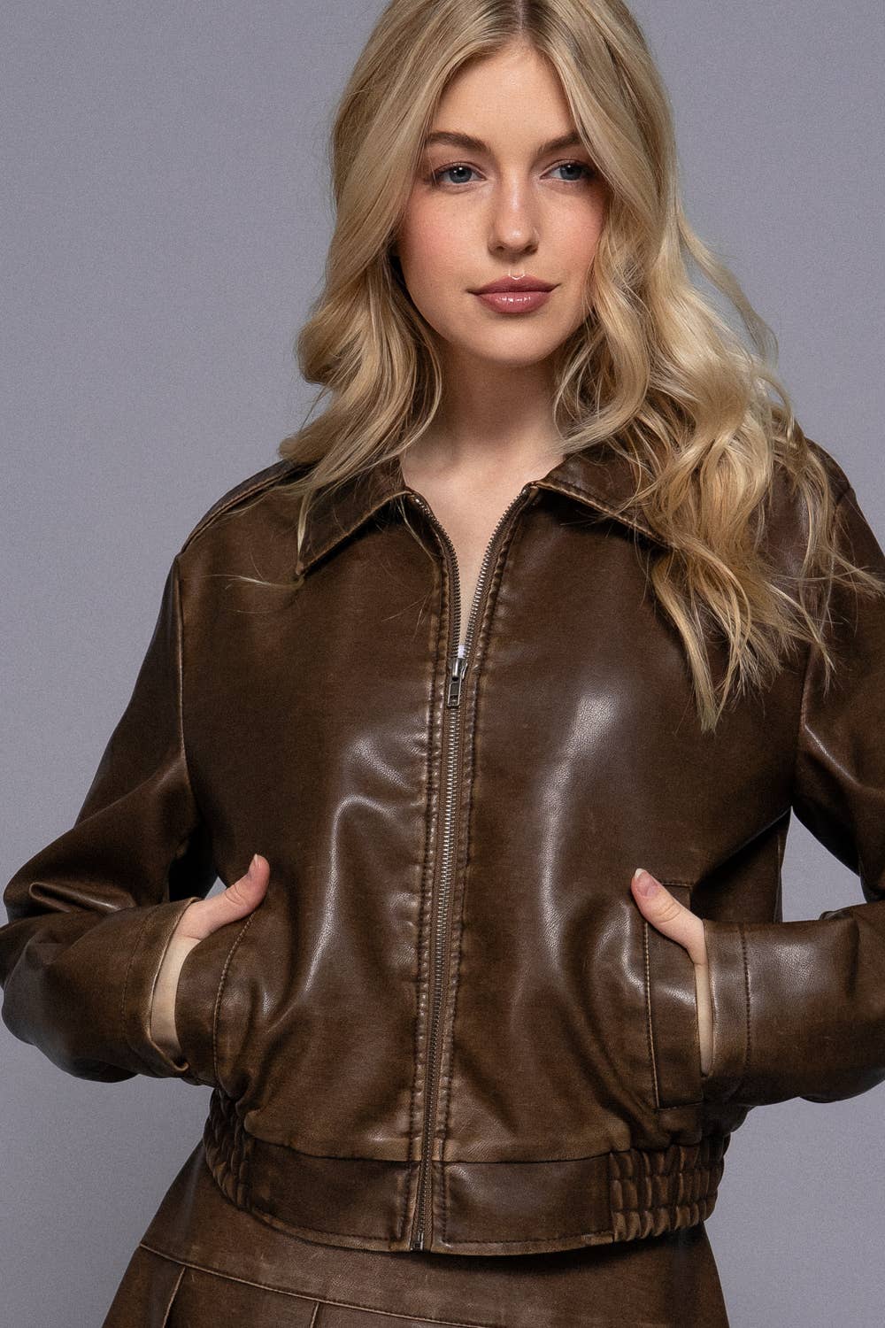 Long Sleeve Wash Effect Faux Leather Jacket