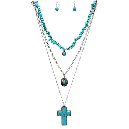 Cross Concho Three Pendant Turquoise Pebble Necklace