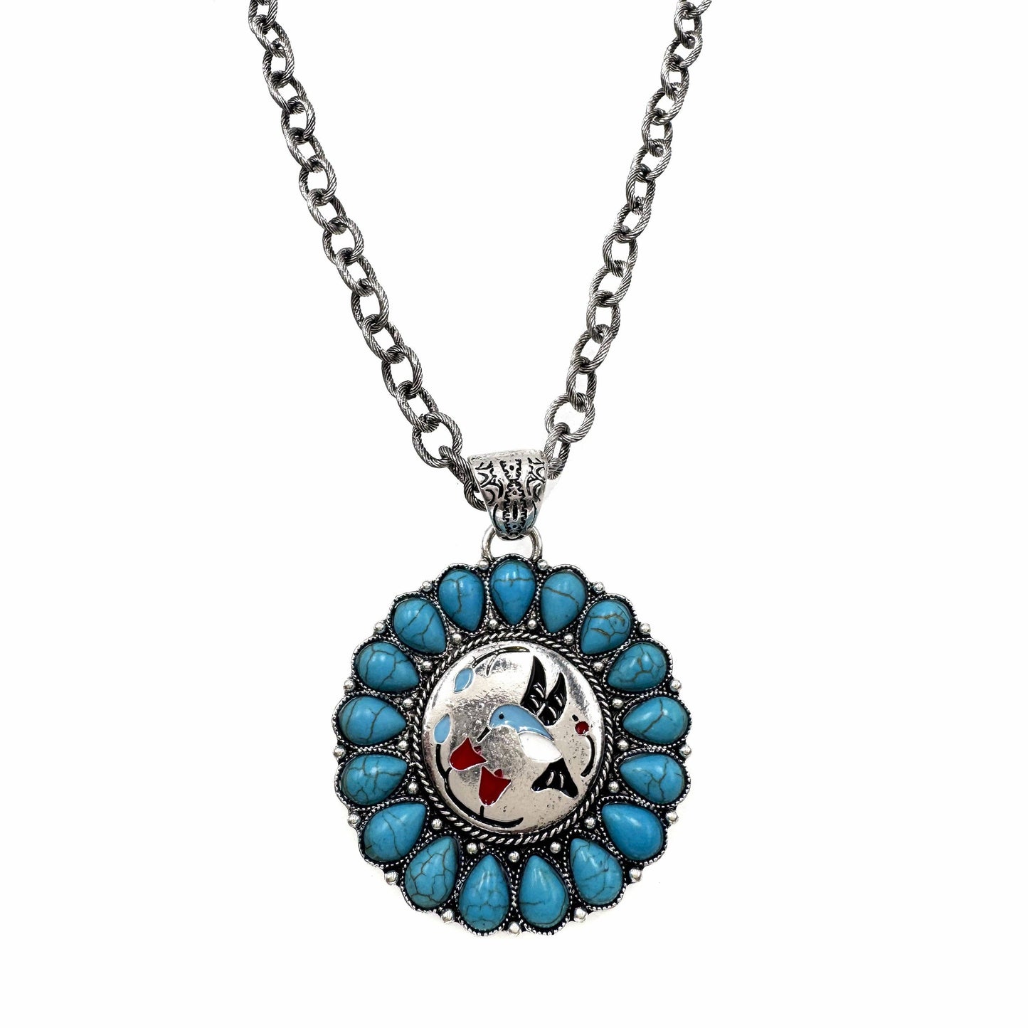 Hummingbird Art Turquoise Stone Floral Pendant Necklace