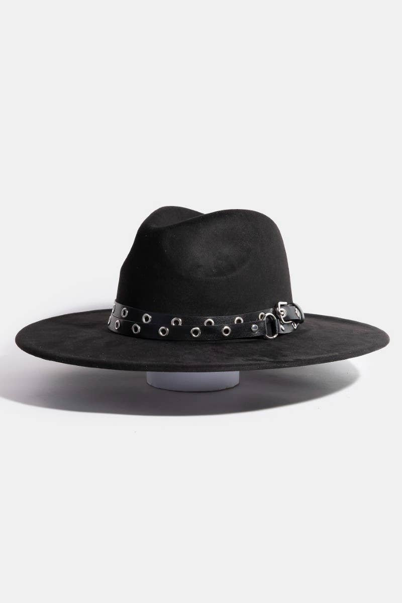 Double Grommet Strap Faux Suede Fedora Hat