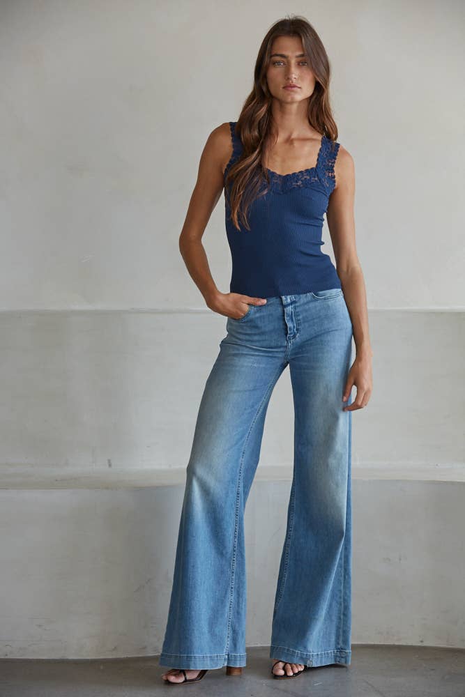 S1217N | Knit Seamless Ribbed Tank Top with Lace Trim