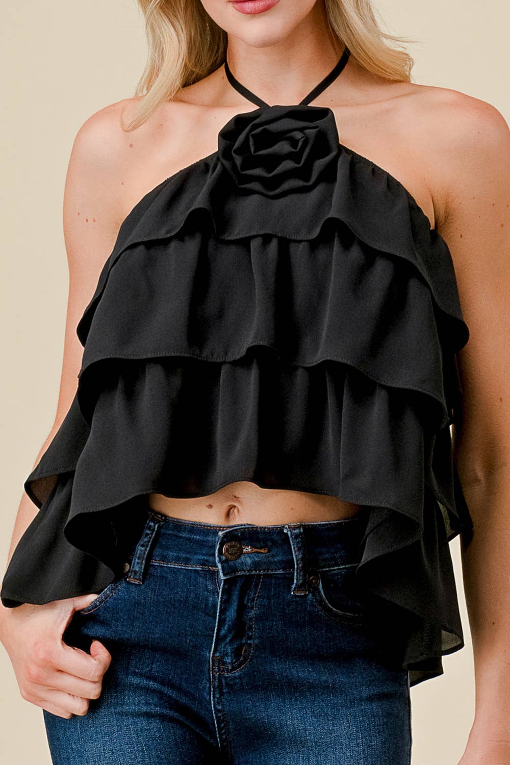BT2635N ROSETTE HALTER NECK RUFFLED TIERED  TOP