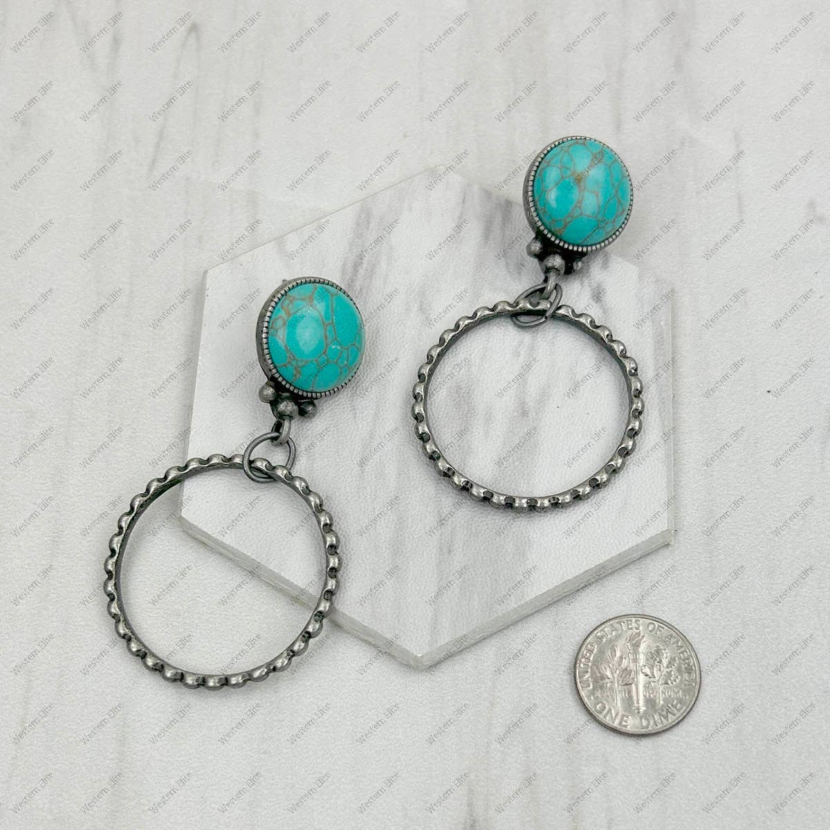 ERZ231205-91          Silver metal circle with blue turquoise stone Earrings