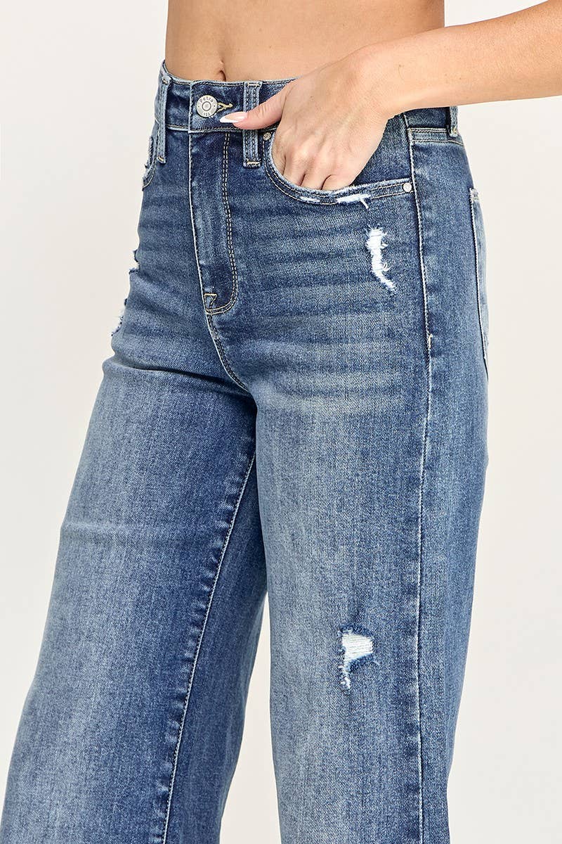 P1635W-MD DESTROYED HIGH RISE STRETCH SLIM PALAZZO WIDE LEG