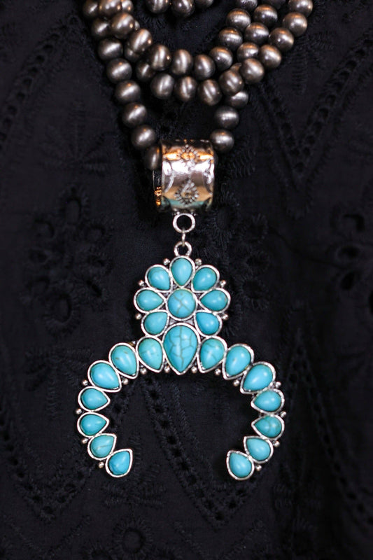 Howdy Partner Turquoise Squash Blossom, Silver