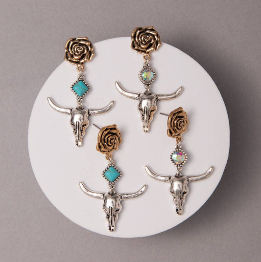 Western Steer Skull & Rose Charm Dangle Earrings