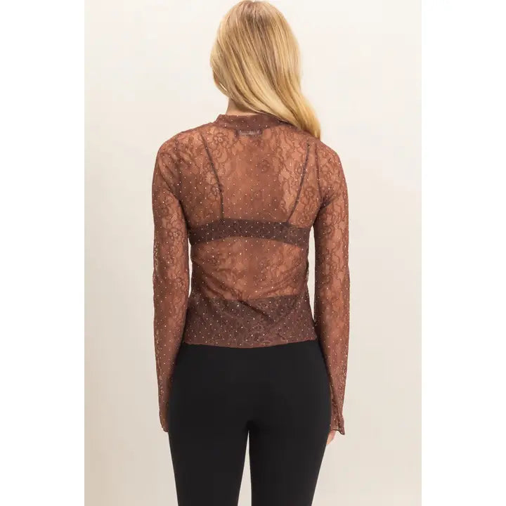 Sheer Lace Gem-Embellished Top