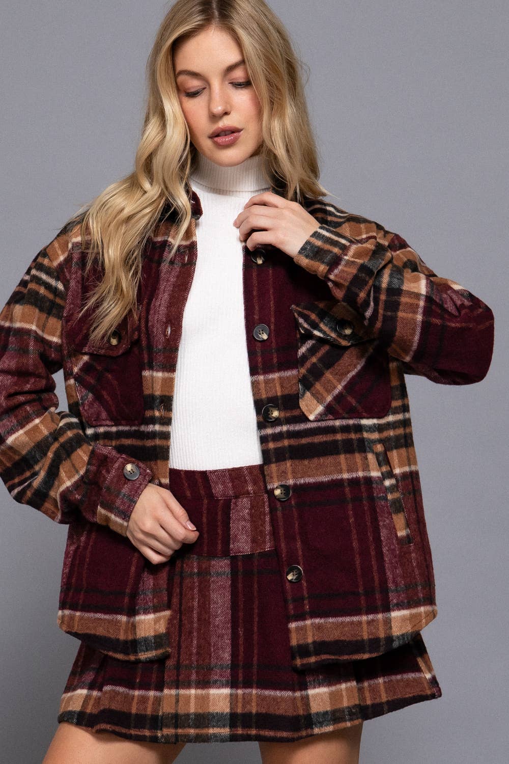 Long Sleeve Wool Blend Plaid Button Down Casual Jacket