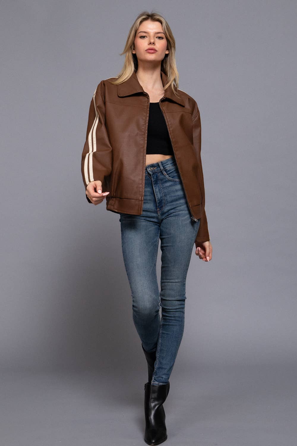 Long Sleeve Line Detail Faux Leather Jacket