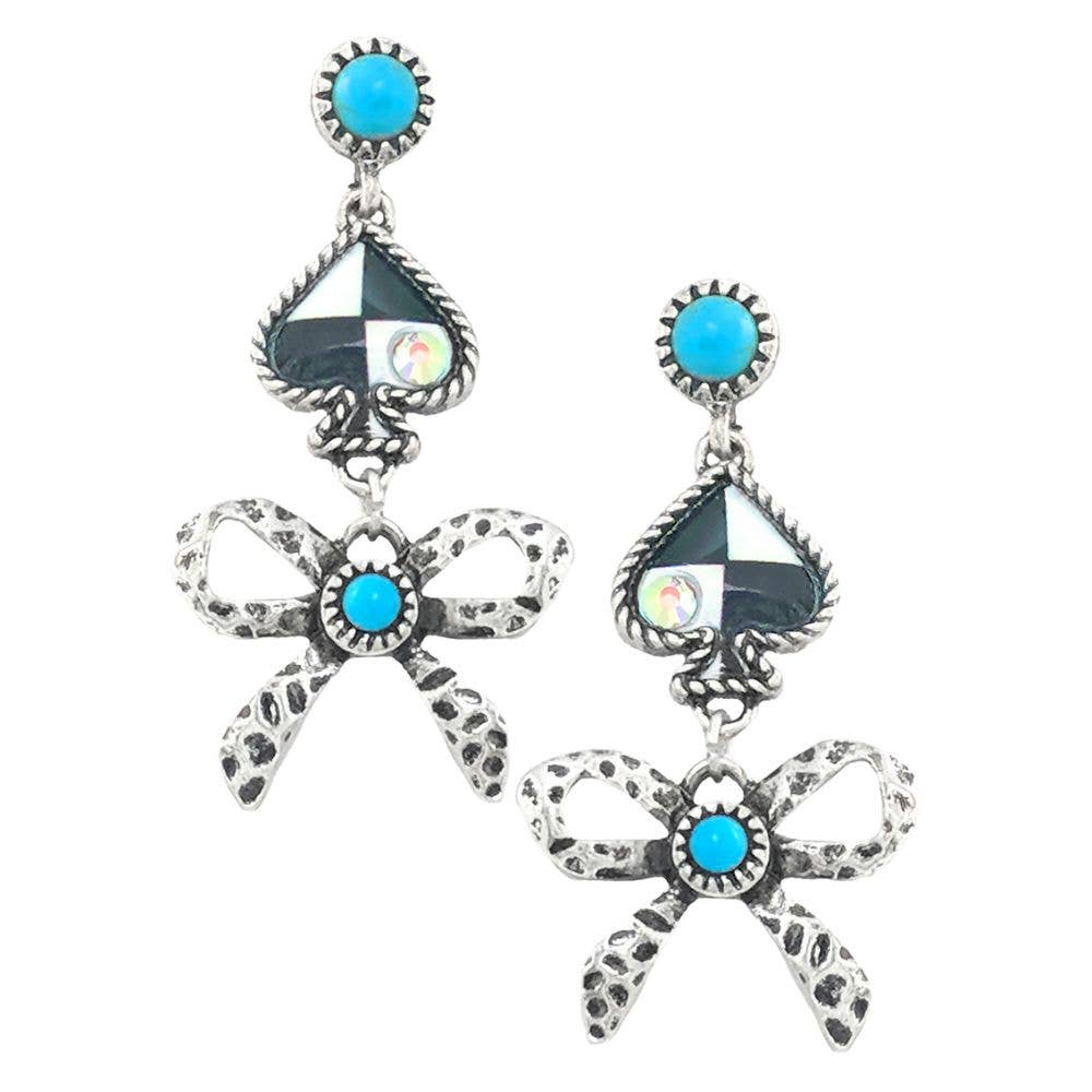 WESTERN SEMI STONE ACE RIBBON BOW DANGLE EARRING, AE 8526