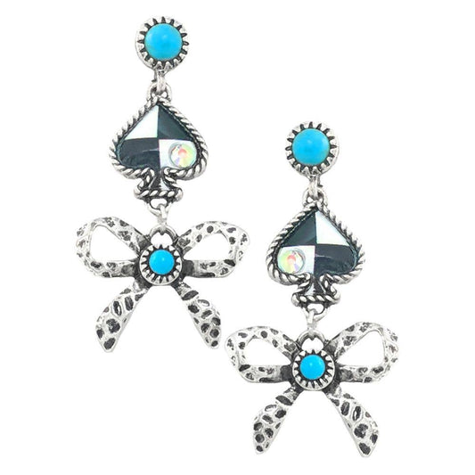 WESTERN SEMI STONE ACE RIBBON BOW DANGLE EARRING, AE 8526