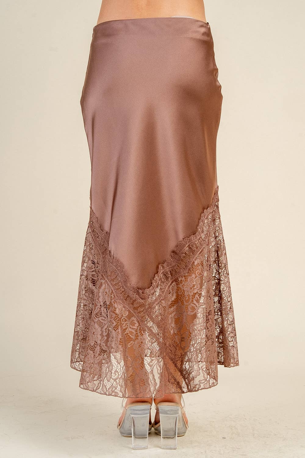 CB20107S SATIN MIDI SKIRT W/ LACE TRIM DETAIL